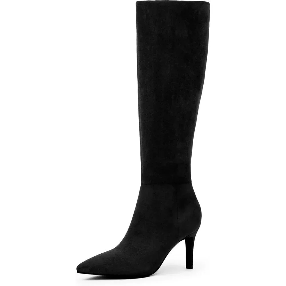 Women Black Suede Faux Leather Pointed Toe Tall Stiletto Heel Zipper Dress Boot